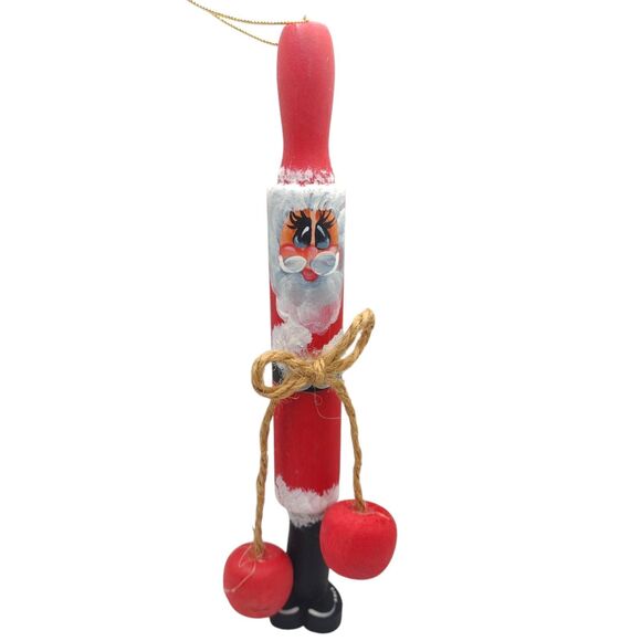 Vintage Wood Hand Painted Rollin Pin Santa Ornament Long Thin Big Eyes 7" - Picture 1 of 7